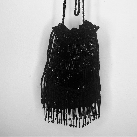 Handbags - Vintage Black Beaded Evening Bag Tassels